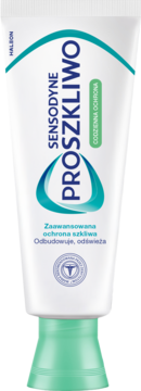 Biała tubka pasty do zębów Sensodyne ProSzkliwo z zieloną nakrętką, widok z przodu, z napisem Codzienna Ochrona szkliwa.