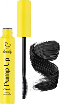 Tusz Lovely Pump Up Classic curling, żółta butelka z silikonową szczoteczką. Obok czarna smuga tuszu.