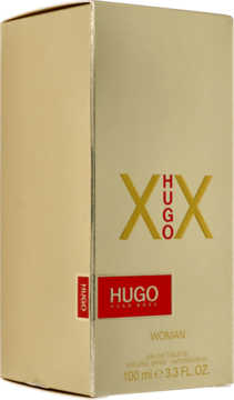 Hugo Boss XX Woman woda toaletowa 100 ml, jasnobeżowe pudełko ze złotym XX, widok z przodu i z boku.