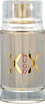 Hugo Boss XX woda toaletowa damska, jasna szklana butelka z złotym logo "XX" i czerwonym napisem "HUGO", widok z przodu.