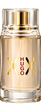 Hugo Boss XX woda toaletowa dla kobiet, szklany flakon ze złotym logo, bursztynowy płyn, widok z przodu.