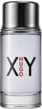 Hugo Boss XY męska woda toaletowa, przezroczysta butelka ze srebrnym korkiem, czarne 'XY' i czerwone 'HUGO'.