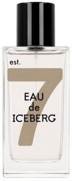 Iceberg Eau de Iceberg Jasmine, perfumy damskie. Przejrzysty szklany flakon z czarnym korkiem, beżowa '7' na etykiecie, widok z przodu.