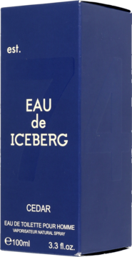 Granatowe pudełko Eau de Iceberg Cedar EDT dla mężczyzn, z białym logo i detalami, widok z przodu i boku.
