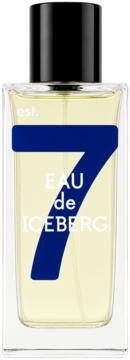 Iceberg Eau de Iceberg Cedar, woda toaletowa. Prostokątna butelka z jasnym płynem i niebieską cyfrą 7, widok z przodu.