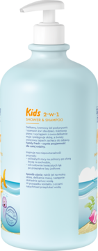 Tył jasnoniebieskiej butelki Family Fresh Kids 2-w-1 Shower & Shampoo z białą pompką i polskim opisem.