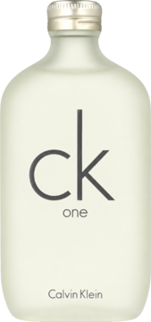 Calvin Klein One, woda toaletowa unisex, matowa, jasna butelka z logo 'ck one' i srebrnym korkiem, z przodu.