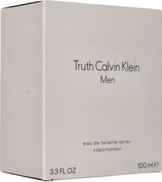 Jasnoszare pudełko Truth Calvin Klein Men woda toaletowa, prostokątne, widok z przodu i boku, pojemność 100 ml.