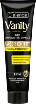 Bielenda Vanity Laser Expert krem do depilacji bikini, czarna tubka, widok z przodu, złote detale, 5 min.