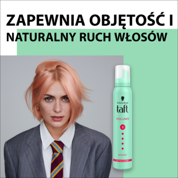 Schwarzkopf Taft Volume pianka. Modelka z lśniącymi, naturalnie uniesionymi włosami obok zielonej butelki 200ml.