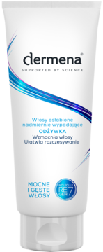 Dermena odżywka do włosów wzmacniająca przeciw wypadaniu w białej tubce z niebieskimi liniami, widok z przodu.