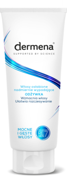 Biała tubka Dermena odżywka z niebieskimi falami, dla włosów osłabionych, wzmacnia i ułatwia rozczesywanie.