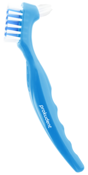 Niebieska szczoteczka do protez Prokudent z dwustronną główką, widok z boku, ergonomiczny uchwyt.