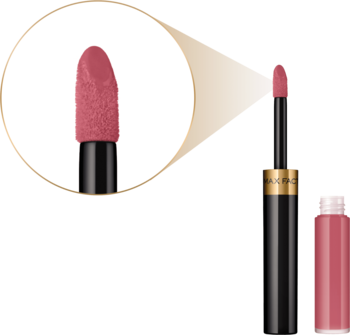 Max Factor Lipfinity Angelic 20: zbliżenie aplikatora z różową pomadką, czarna butelka i przeźroczysty balsam.