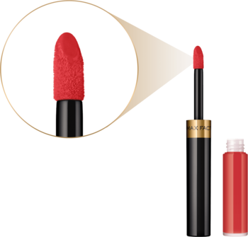Max Factor Lipfinity Lip Colour 140 Charming: widok otwartej pomadki z czerwonym aplikatorem i zbliżeniem końcówki.