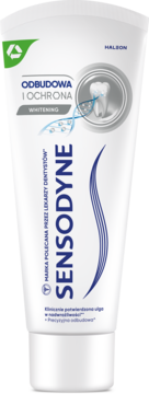 Sensodyne Odbudowa i Ochrona Whitening, biała tubka pasty do zębów, widok z przodu z niebieskim logo i grafiką zęba.