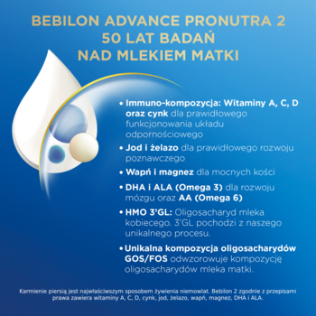 Bebilon Advance Pronutra 2, niebieska grafika z cechami: odporność, rozwój, HMO, GOS/FOS.