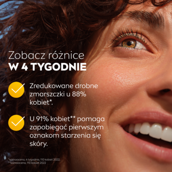 Kobieta z tekstem NIVEA Q10 Energy: redukcja zmarszczek (88%), prewencja starzenia (91%) w 4 tyg.