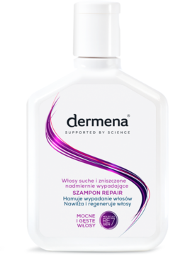 Biała butelka szamponu Dermena Repair do włosów suchych i wypadających, z fioletowym wzorem, widok z przodu.