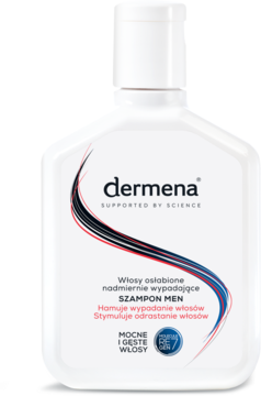 Biała butelka szamponu Dermena MEN na wypadanie włosów, widok z przodu z czarno-czerwonymi napisami.