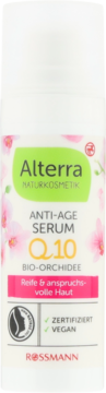 Alterra Anti-Age Serum Q10 z bio-orchideą do skóry dojrzałej, biała butelka, zielona etykieta, widok z przodu.