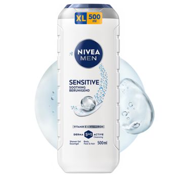 NIVEA MEN Sensitive 3w1 żel pod prysznic dla mężczyzn, biała butelka 500ml z niebieską etykietą, widok z przodu.