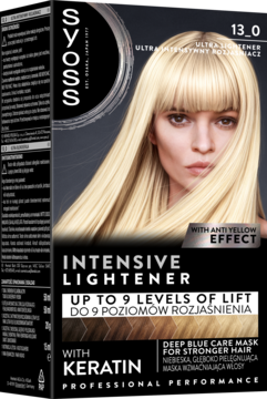 Czarne opakowanie Syoss 13_0 Ultra Intensywny Rozjaśniacz z blond modelką, do 9 poziomów rozjaśnienia, keratyna, anti-yellow.