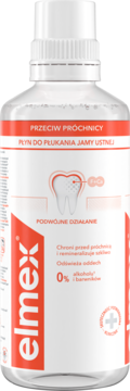 Elmex Płyn do Płukania Ochrona Przed Próchnicą, bezalkoholowy, przezroczysta butelka, widok z przodu.