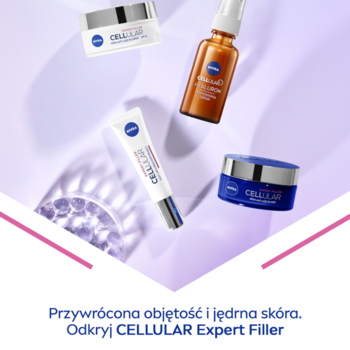 NIVEA CELLULAR Expert Filler: cztery produkty, w tym kremy, serum i krem pod oczy, na fioletowym tle.