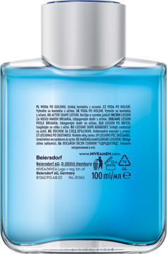 Tył niebieskiej butelki NIVEA MEN Woda po goleniu, 100 ml, z białymi napisami i symbolami.