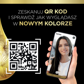Syoss Oleo Intense farba do włosów: QR kod do wirtualnej przymiarki koloru, kobieta na ekranie smartfona.