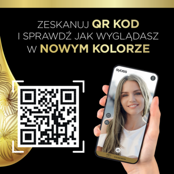 Syoss Oleo Intense: QR kod do wirtualnej przymiarki koloru włosów. Obok telefon z kobietą w odcieniu ciemny blond.