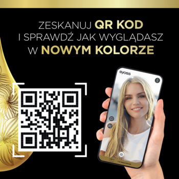 Reklama farby Syoss Oleo Intense. QR kod i smartfon z wirtualną koloryzacją blond włosów przed aplikacją.