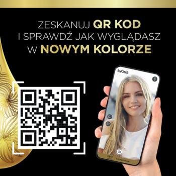 Syoss Oleo Intense Jasny Blond 9-10, QR kod do wirtualnej przymiarki koloru. Ręka trzyma telefon z blond modelką.