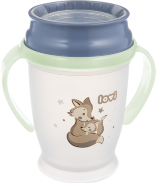 Biały kubek Lovi 360° z szarą pokrywką, zielonymi uchwytami i lisami. Do nauki samodzielnego picia bez rozlewania.
