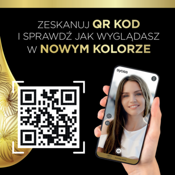 QR kod Syoss do wirtualnej zmiany koloru włosów. Na smartfonie widok kobiety z wypróbowanym nowym odcieniem.
