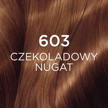 Próbka farby do włosów w odcieniu 603 Czekoladowy Nugat z lśniącymi refleksami, zbliżenie na brązowe pasmo.