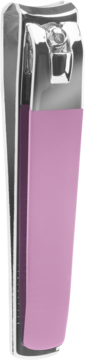 Ewa Schmitt Aksamitny Dotyk: srebrny obcinacz do paznokci z przyjemnym w dotyku różowym uchwytem, pionowo.