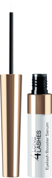 Long 4 Lashes Eyelash Booster Serum. Otwarta biała butelka ze złotym gwintem, obok cienki czarny aplikator z białym pędzelkiem.