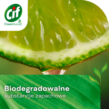 Cif Uniwersalny Odkamieniacz w sprayu. Zbliżenie limonki z tekstem "Biodegradowalne substancje zapachowe".