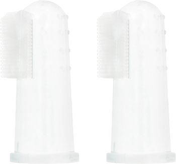 Dwie białe silikonowe szczoteczki do zębów na palec Babydream, z miękkimi wypustkami do czyszczenia i masażu dziąseł.