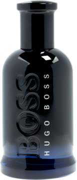 Boss Bottled Night EDT, czarno-niebieska szklana butelka z wytłoczonym napisem BOSS, widok z przodu.