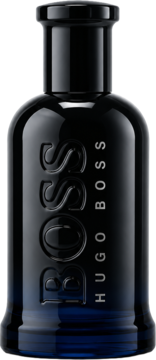 Ciemnoniebieska woda toaletowa Hugo Boss Bottled Night, butelka z połyskiem, pionowo, wytłoczone logo BOSS.