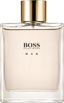 Hugo Boss Man woda toaletowa dla mężczyzn w prostokątnej, szklanej butelce z jasnym płynem i złotym korkiem. Widok z przodu.