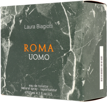 Laura Biagiotti Roma Uomo, szare perfumy o marmurowej teksturze, z pomarańczowym napisem, widok z przodu.