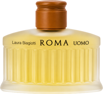 Perfumy męskie Laura Biagiotti Roma Uomo, orientalno-drzewne, żółta ryflowana butelka z brązową zakrętką, widok z przodu.