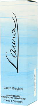 Błękitne, prostokątne opakowanie perfum Laura Biagiotti Laura eau de toilette z czarnym, stylizowanym napisem 'Laura'.