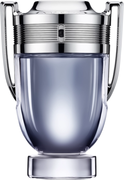 Męska woda toaletowa Paco Rabanne Invictus w szklanej butelce w kształcie trofeum z srebrnym wykończeniem, z przodu.