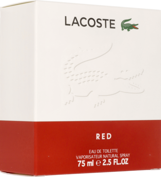 Lacoste Red woda toaletowa 75ml w biało-czerwonym pudełku z dużym logo krokodyla, widok z przodu.