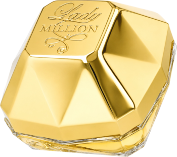 Paco Rabanne Lady Million, złoty flakon perfum w kształcie fasetowanego diamentu, widok z góry.
